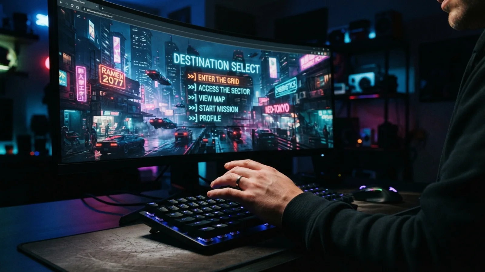 A player making a choice in a browser-based AI RPG game, with a vibrant cyberpunk scene on screen.