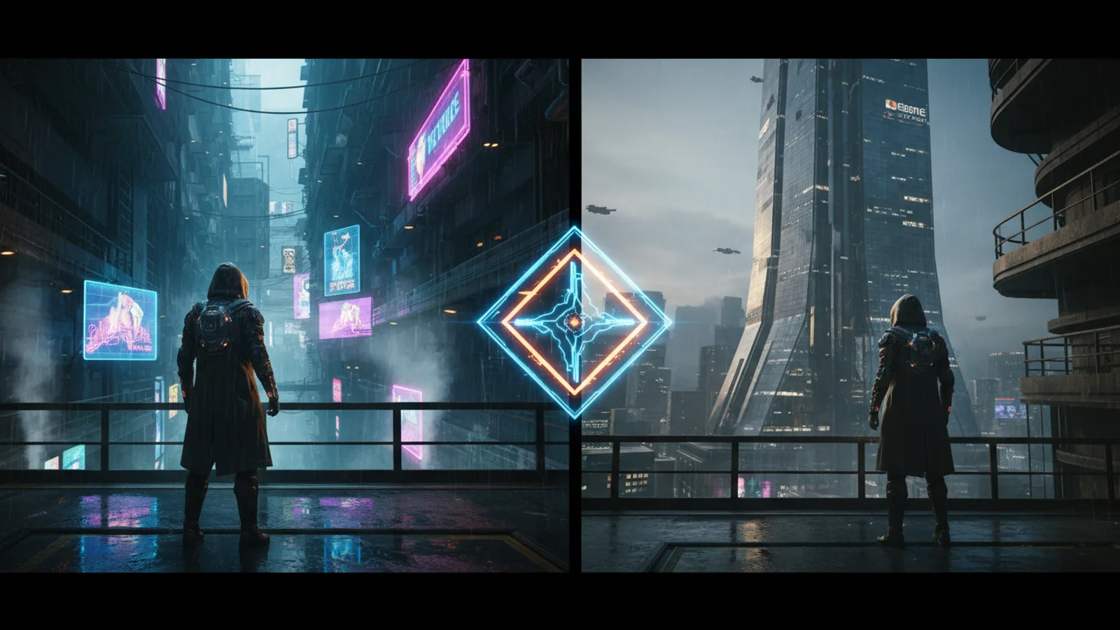 A split-screen AI video showing two divergent story paths from a single choice point in a cyberpunk setting.