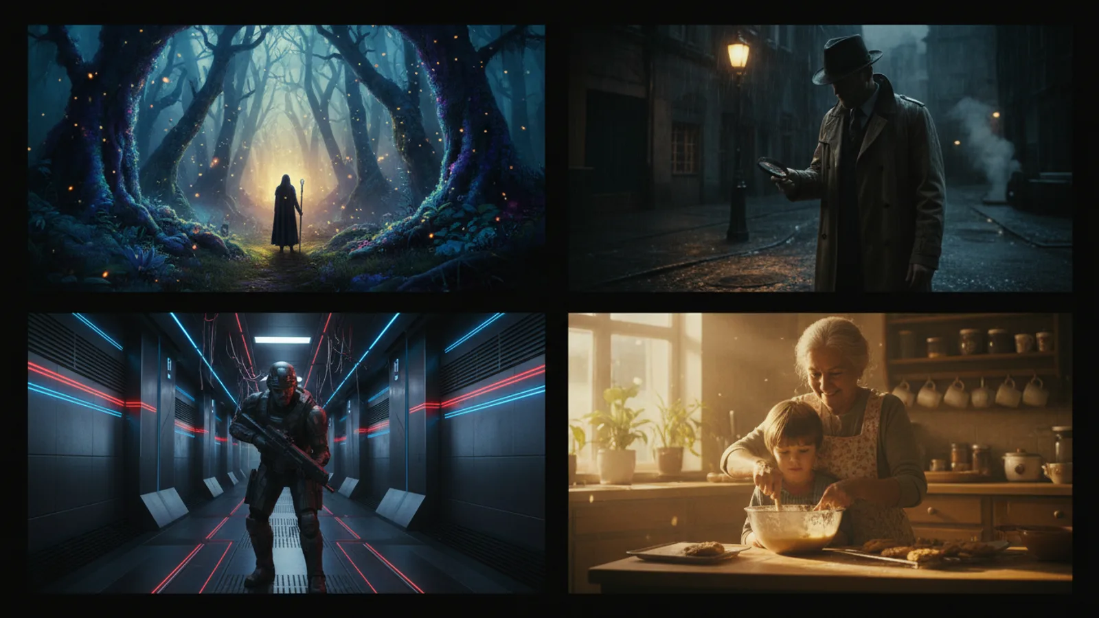 A visual grid comparing the distinct styles of four different Cinely AI movie genres: Fantasy, Mystery, Sci-Fi, and Slice of Life.