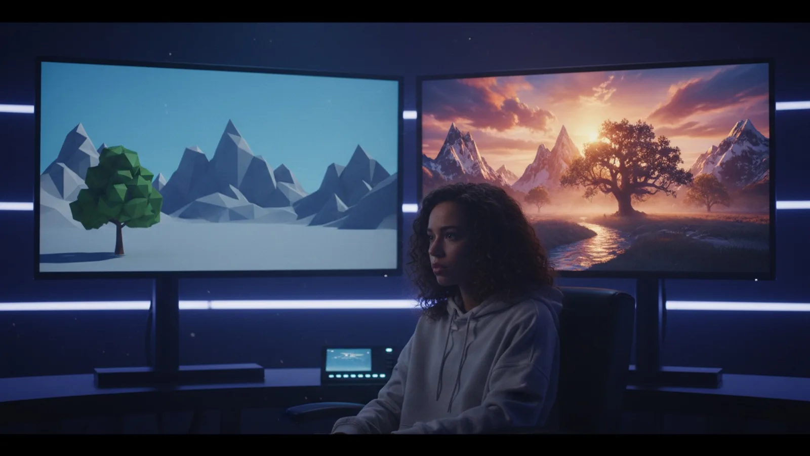 A comparison of standard versus Premium visual styles in the Cinely studio.