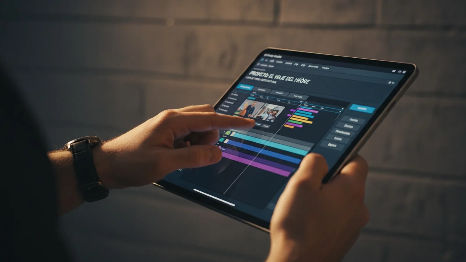 Cinely's multilingual interface on a tablet, showing a movie project in a non-English language.