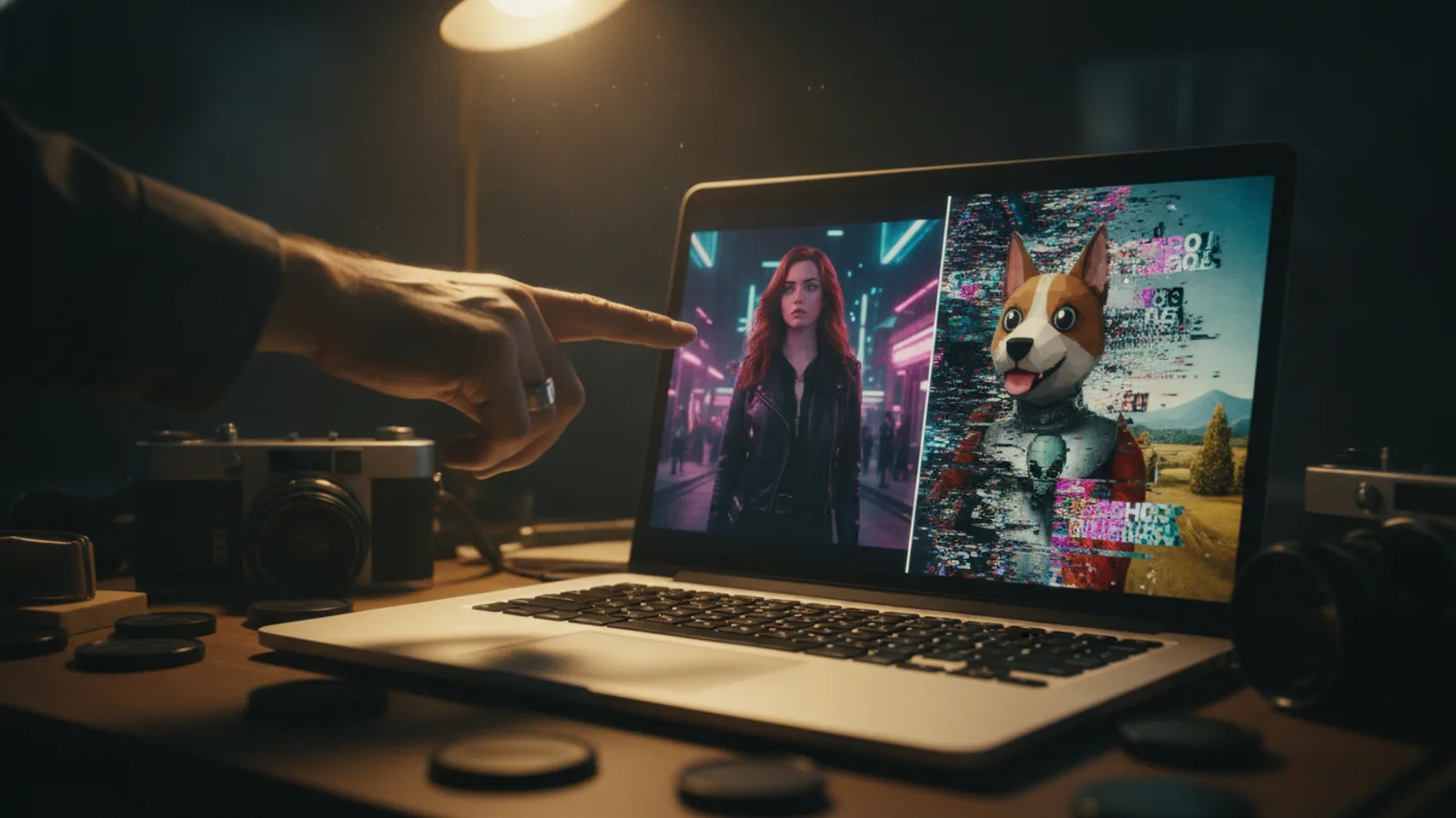 Side-by-side comparison of a good versus bad AI-generated movie scene on a filmmaker's laptop