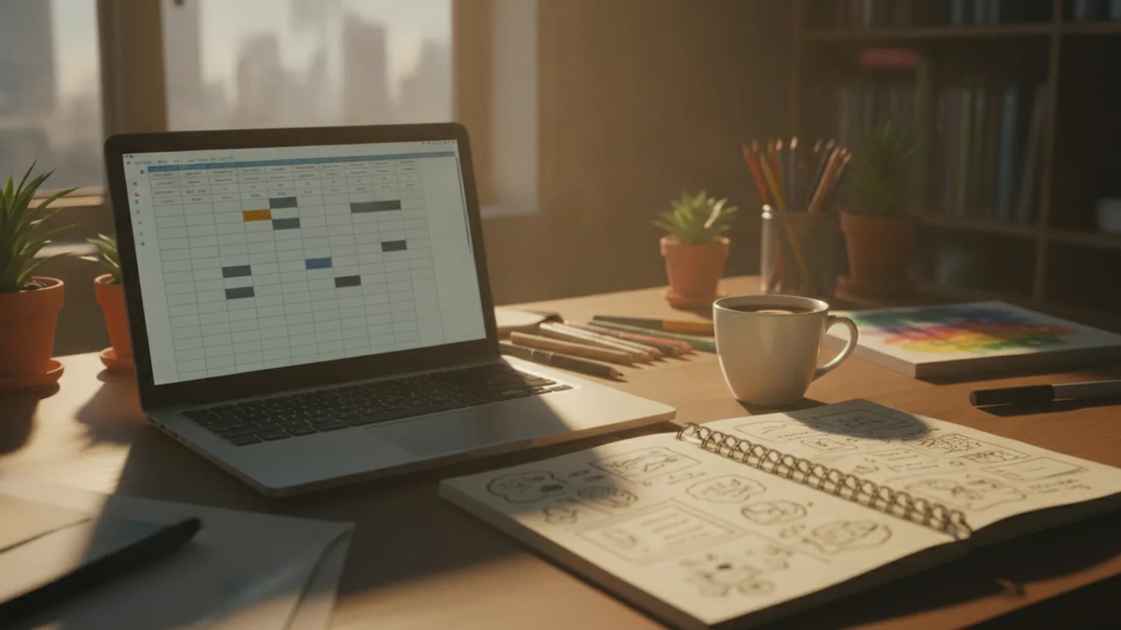 A focused creator's desk with a content calendar on a laptop screen and a notebook of ideas.