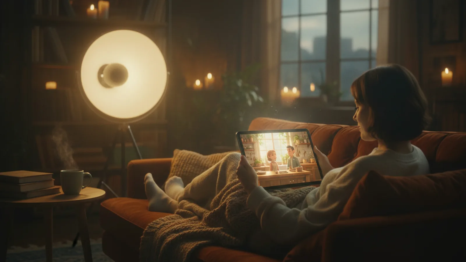 A person comfortably watches a cozy animated slice-of-life series on a tablet