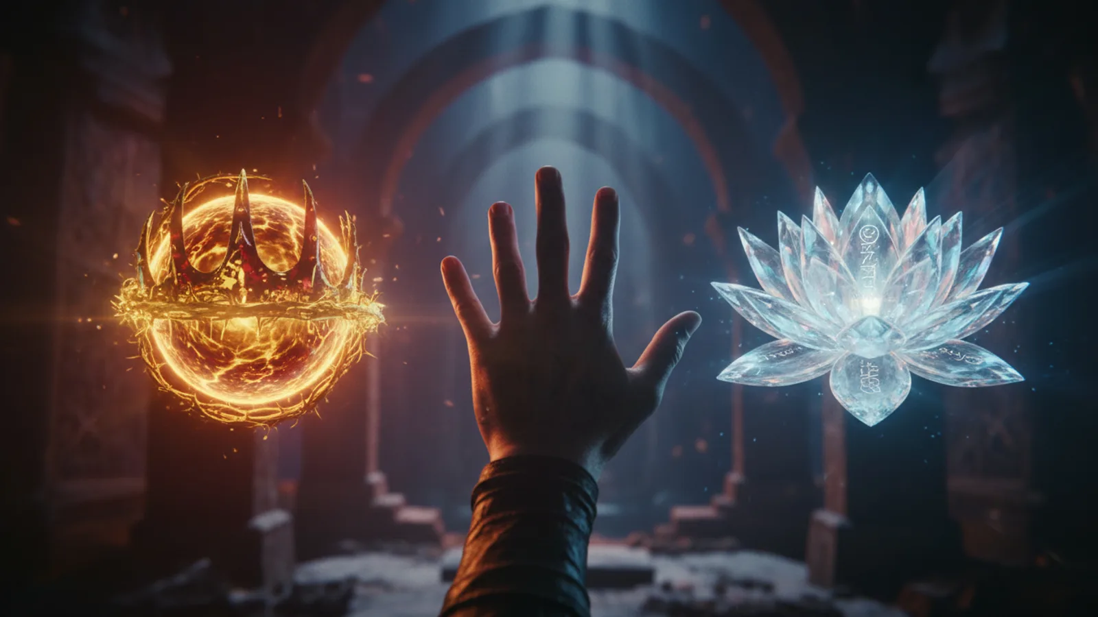 A hand hesitates between two magical or technological items, illustrating a pivotal story choice.