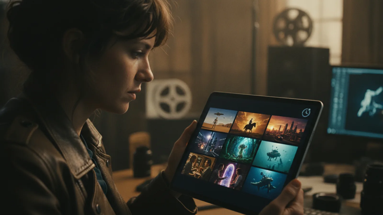Director reviewing AI movie scenes on a tablet, with a clock icon, representing fast iterative production.