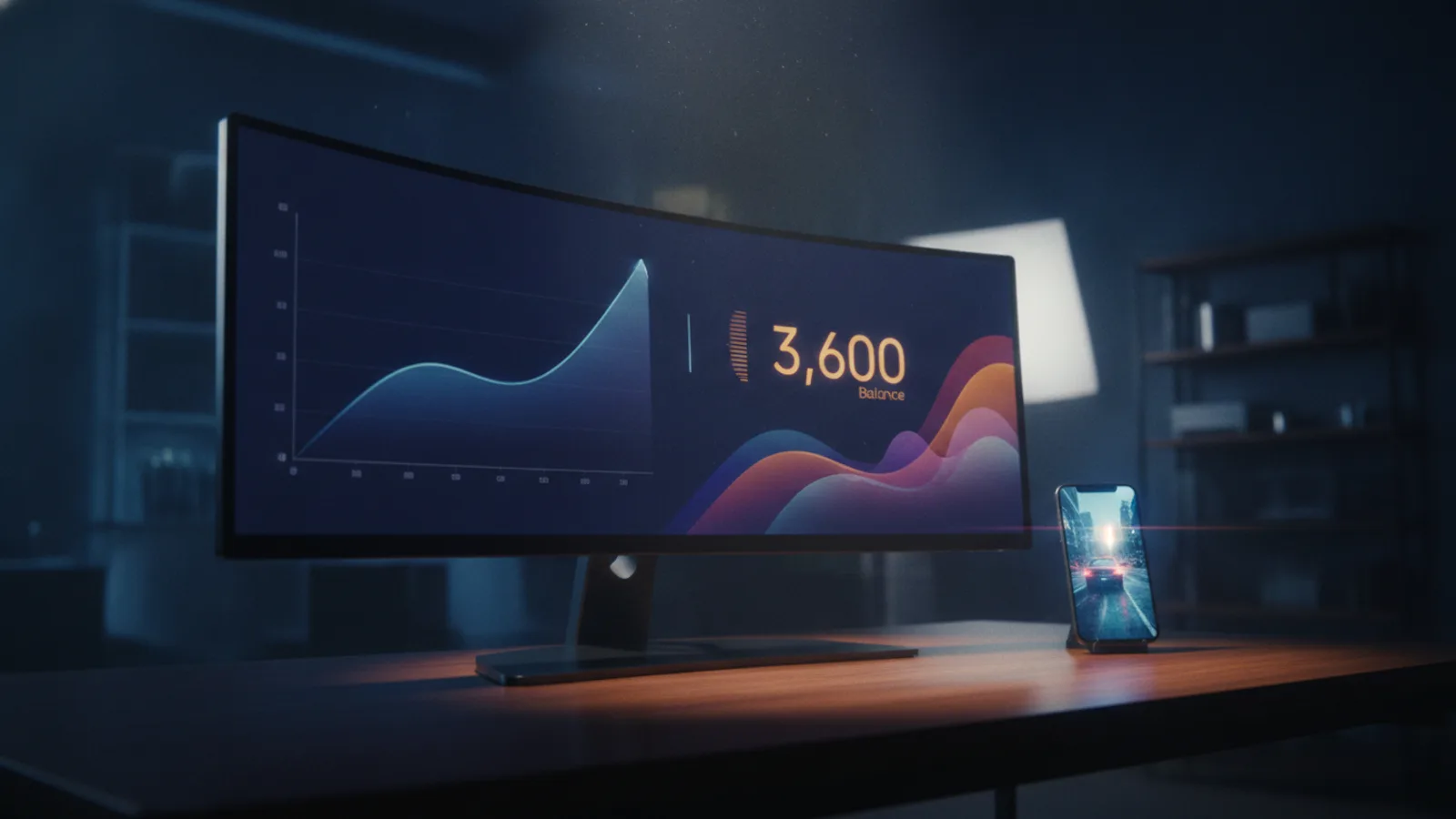 A creator's dashboard showing earnings analytics next to a smartphone displaying a cinematic AI-generated movie scene.