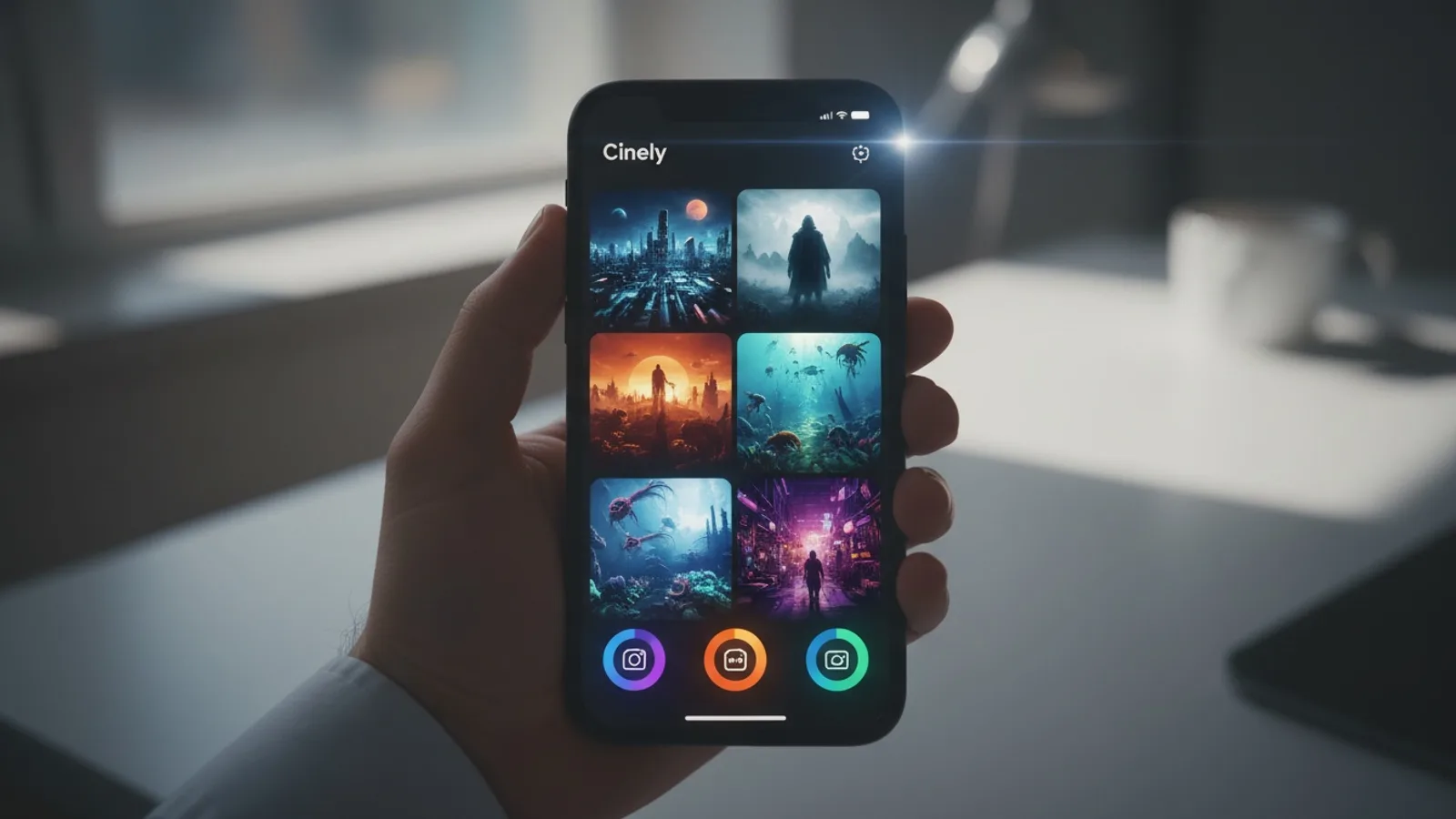 The Cinely app open on a smartphone, showing the movie creation interface.