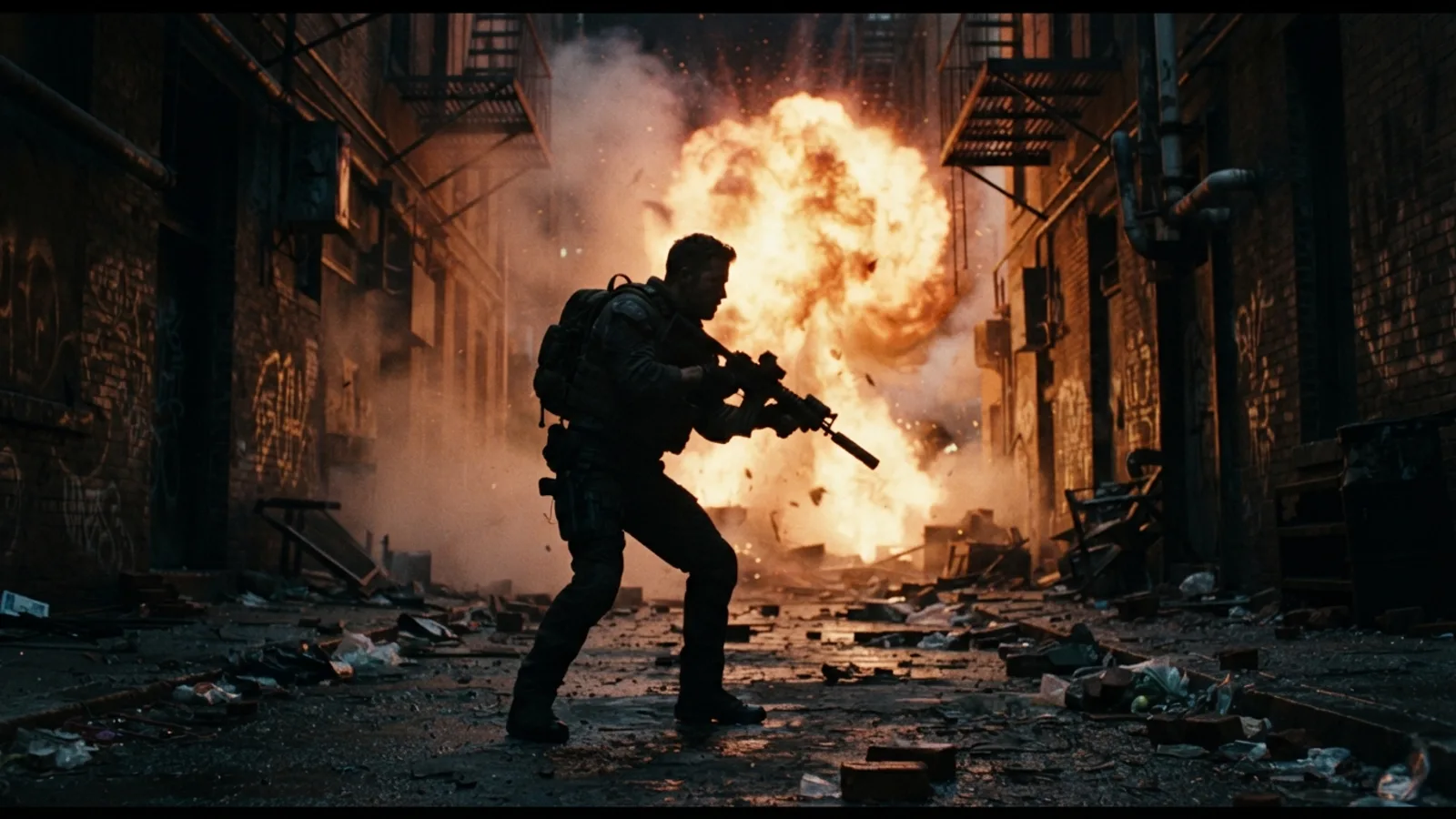 Silhouetted hero facing an explosion in a gritty alleyway, representing the high-stakes tone of an AI action movie.
