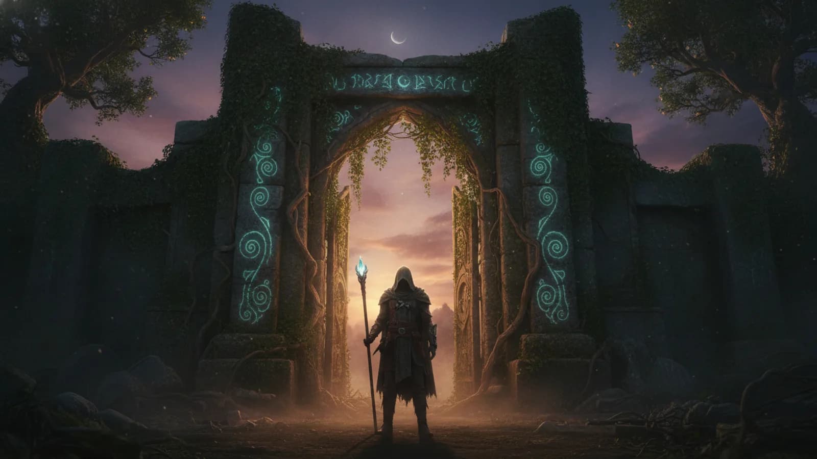 An adventurer stands before glowing, ancient gates in a fantasy forest.