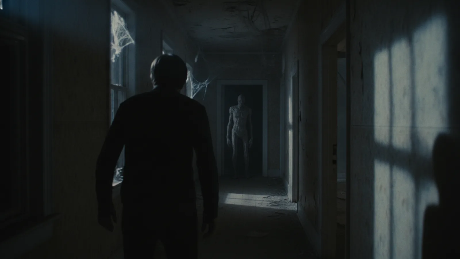 A first-person view down a terrifying, shadowy hallway in a horror scene.