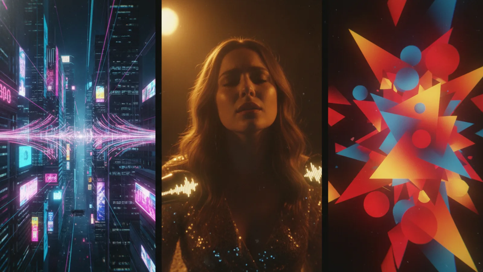 A collage of AI-generated scenes representing different moments in a music video, from cinematic portraits to abstract visuals.