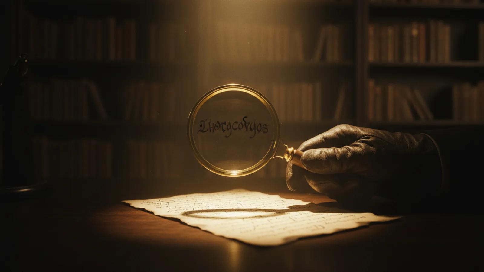 A detective examines a cryptic clue with a magnifying glass.