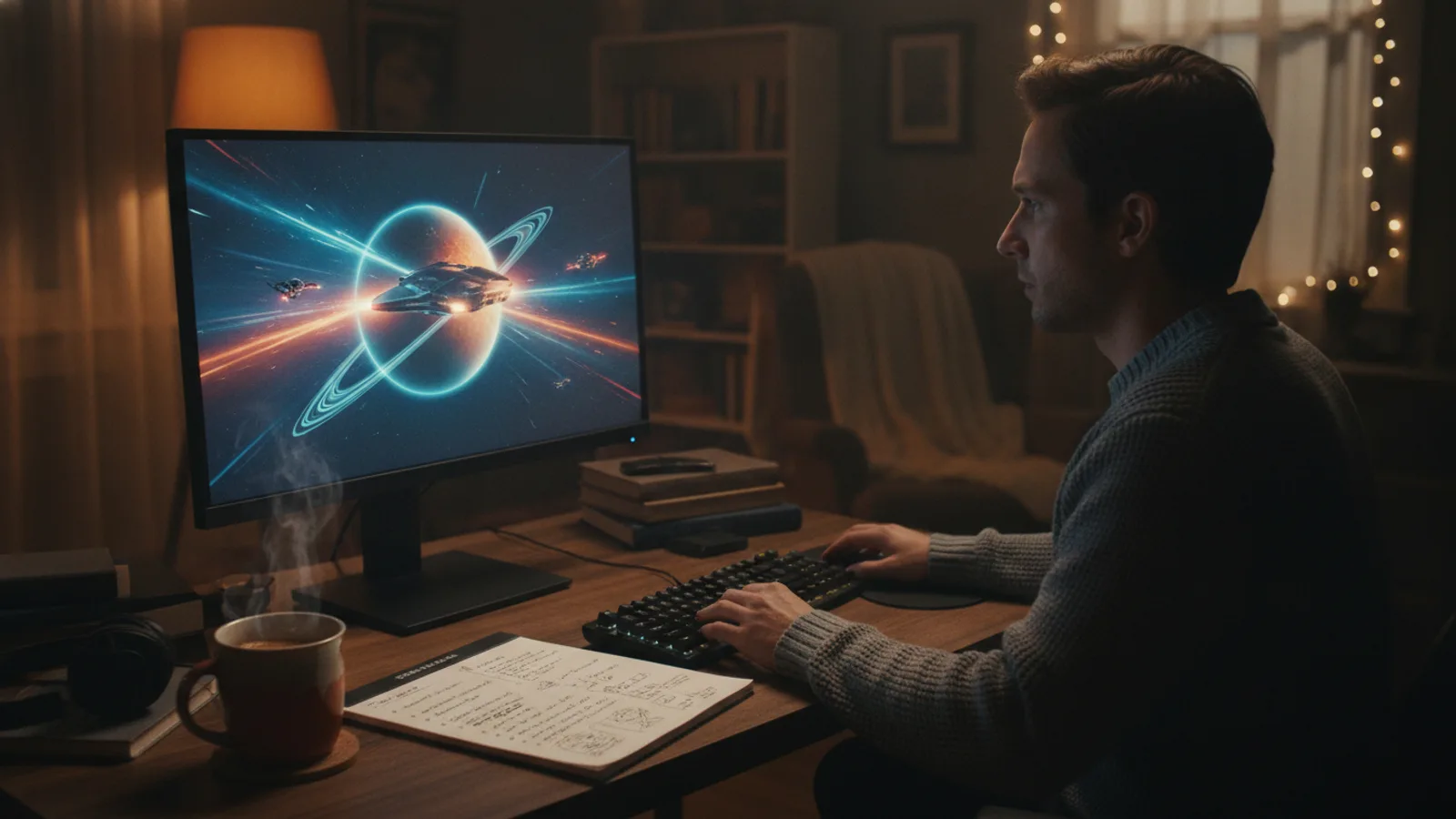 A creator working late, focused on their AI movie project on a computer screen.