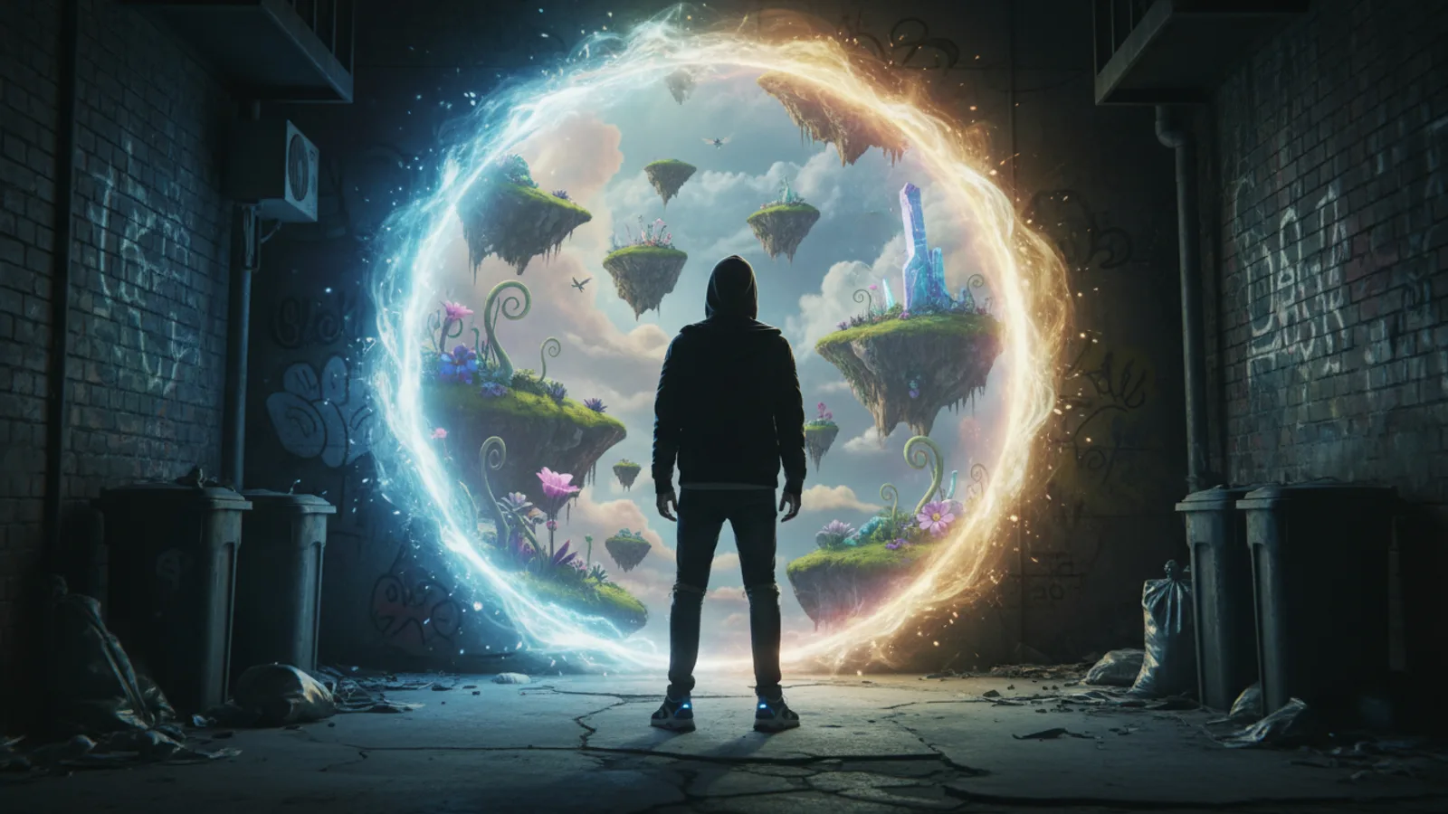 A protagonist views a magical fantasy world through a glowing portal.