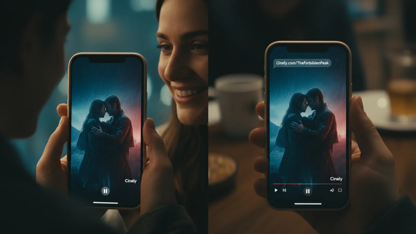 Two friends connected by sharing a Cinely AI series link on their phones.