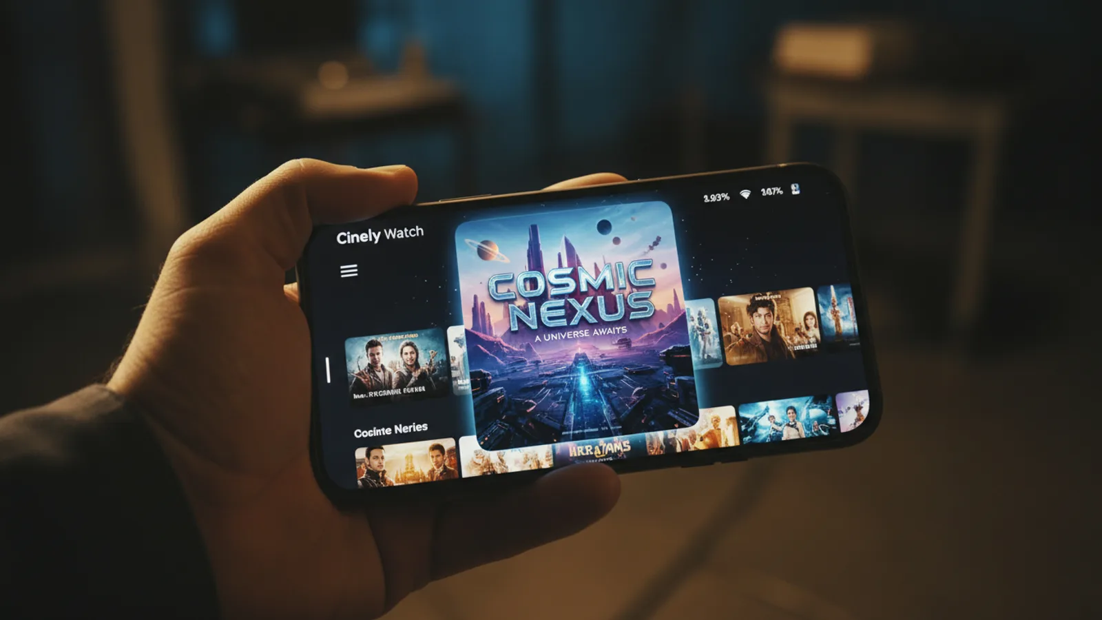 A phone screen showing a highlighted AI series poster on the Cinely feed.