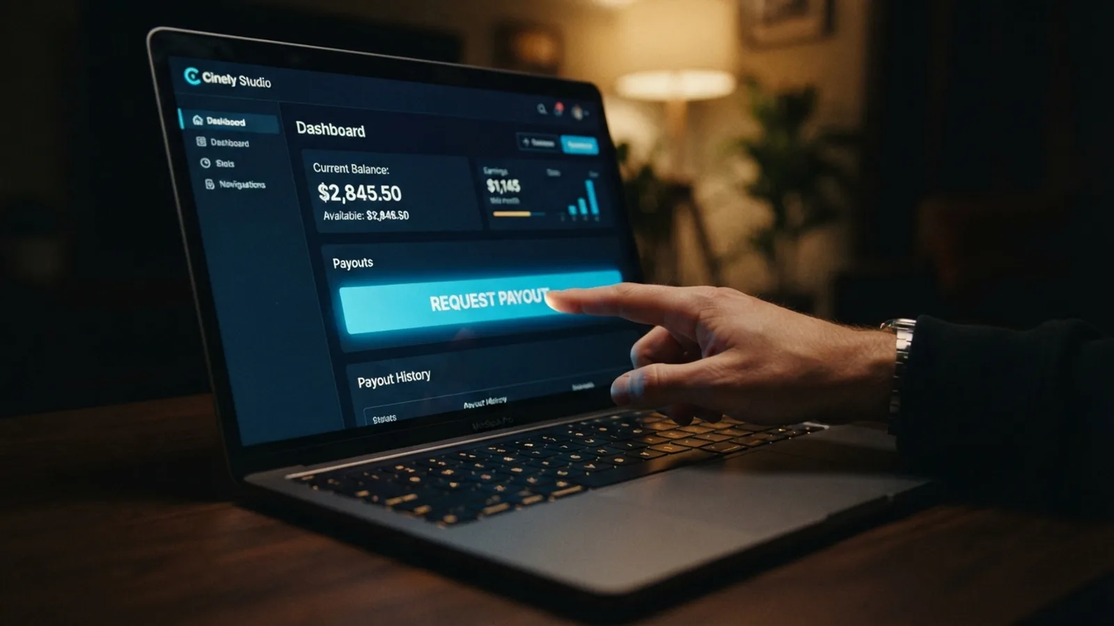 A laptop screen displaying the Cinely Studio earnings and payout interface.