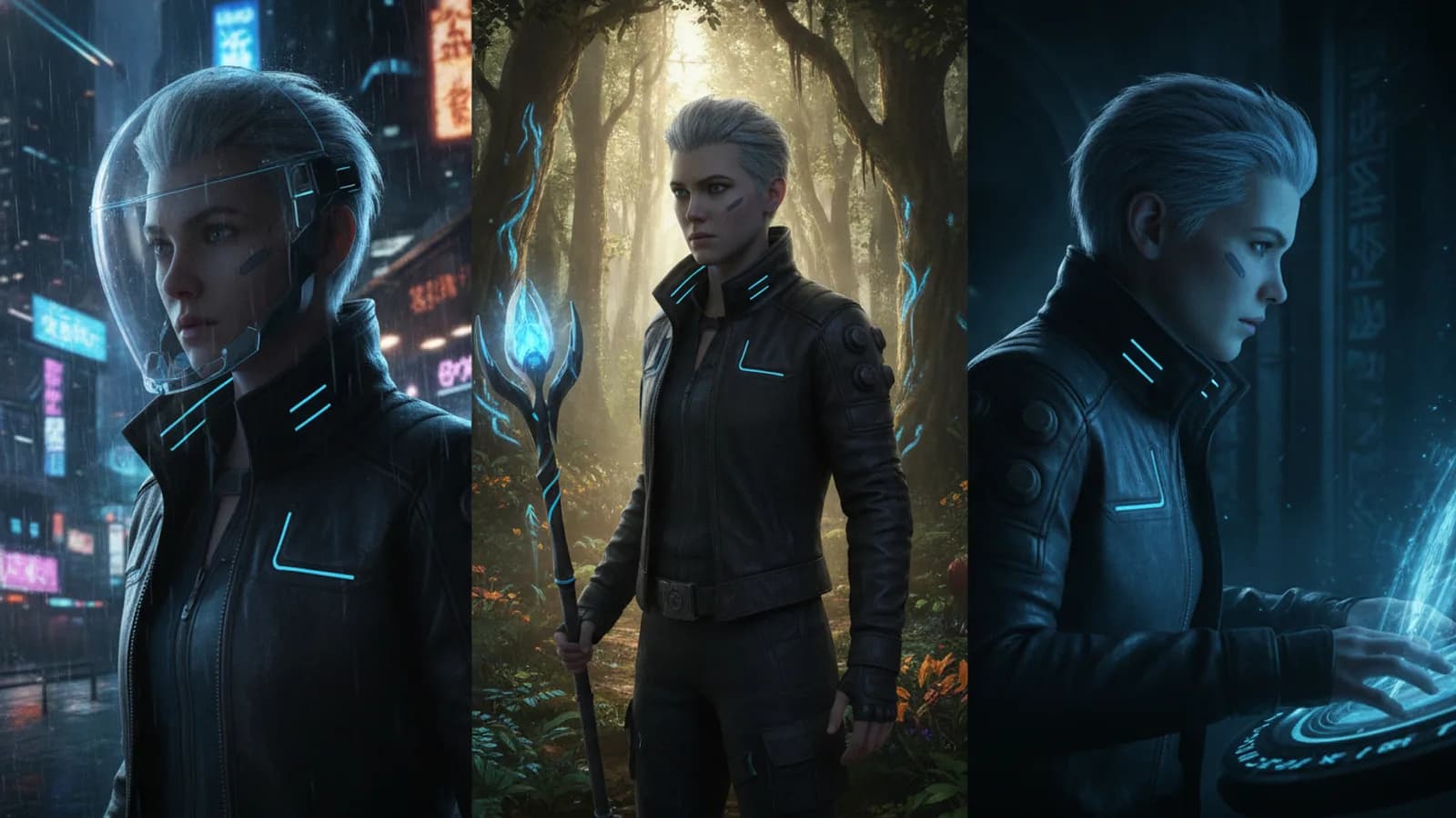 The same AI character appearing consistently across three different cinematic scenes
