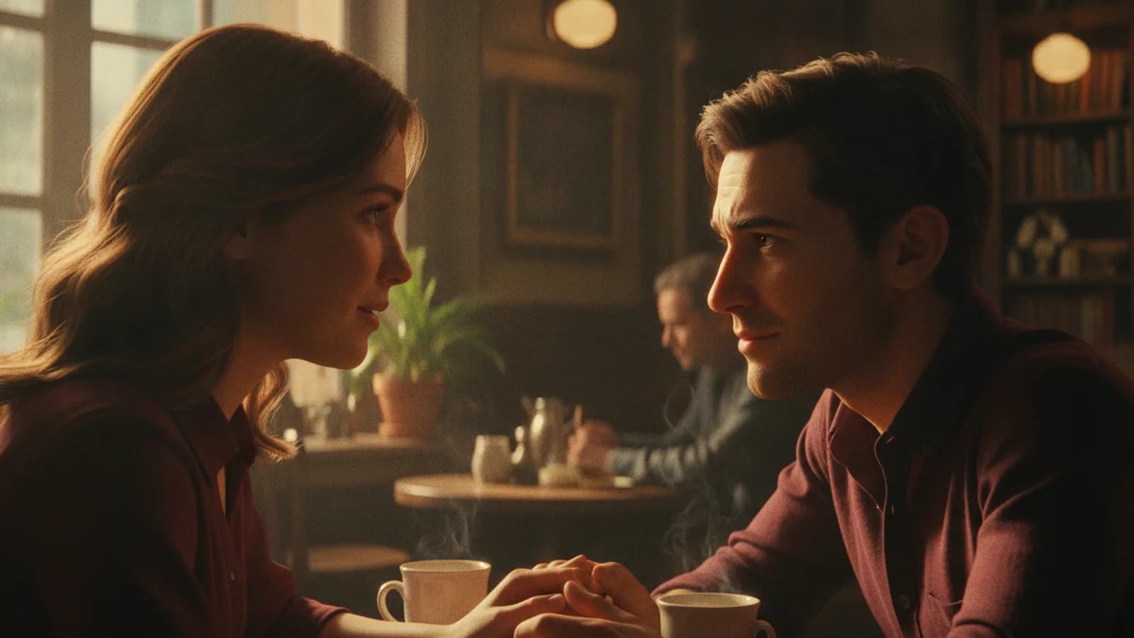 Two AI-generated characters having a heartfelt conversation in a cafe, representing a personalized romance RPG scene.