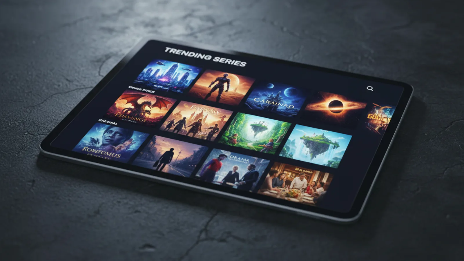 The Cinely watch feed interface showing trending AI series on a tablet