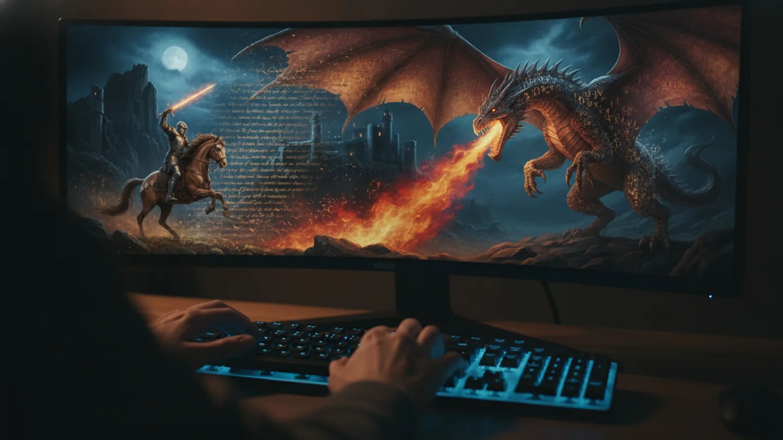 An author's hands at a keyboard, with a cinematic AI-generated fantasy book trailer playing on the monitor.