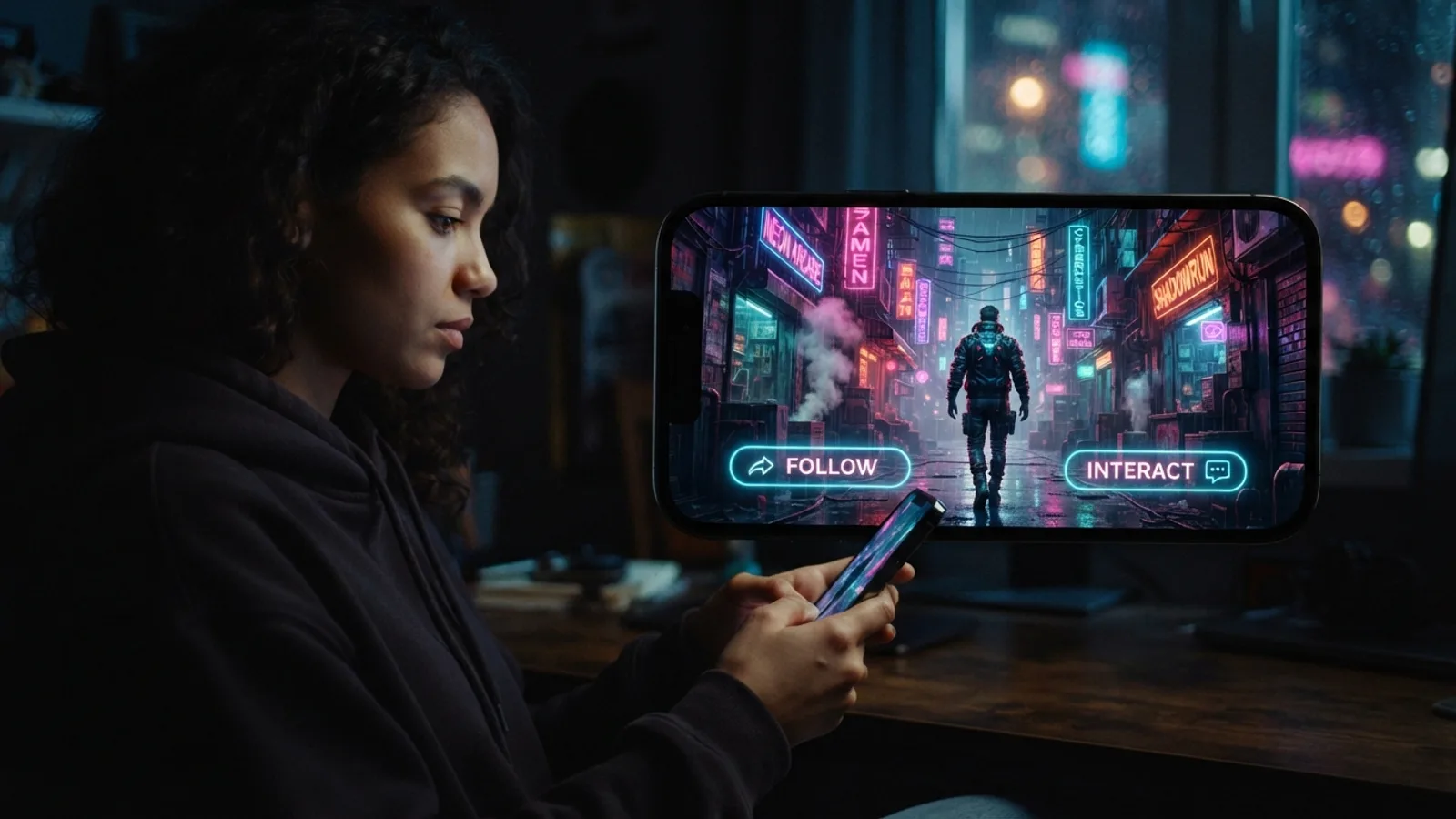 A user interacts with an AI RPG, seeing a cinematic cyberpunk scene with a choice on their phone screen.