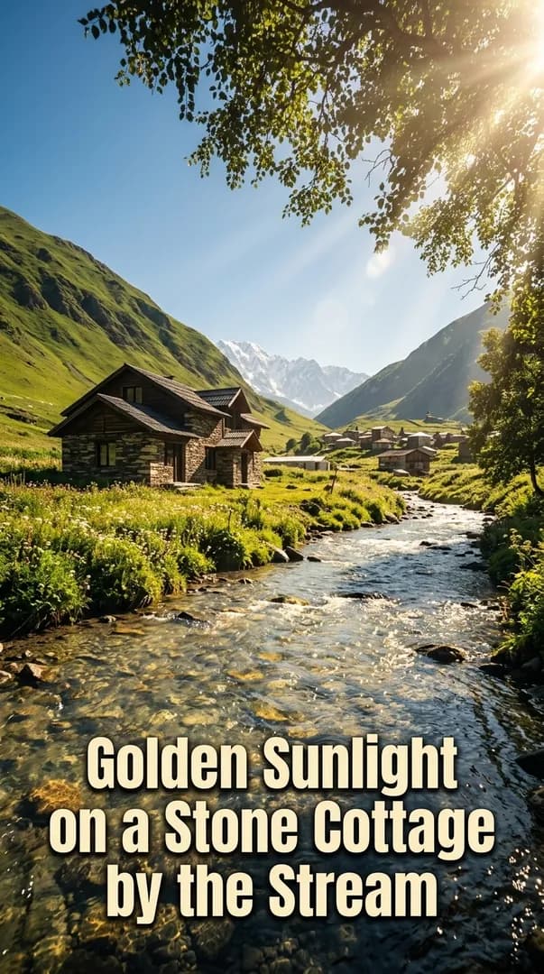 Golden Sunlight on a Stone Cottage by the Stream