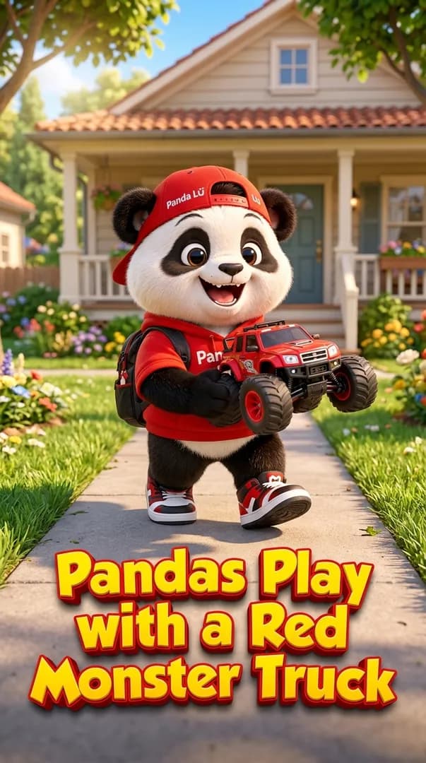 Pandas Play with a Red Monster Truck