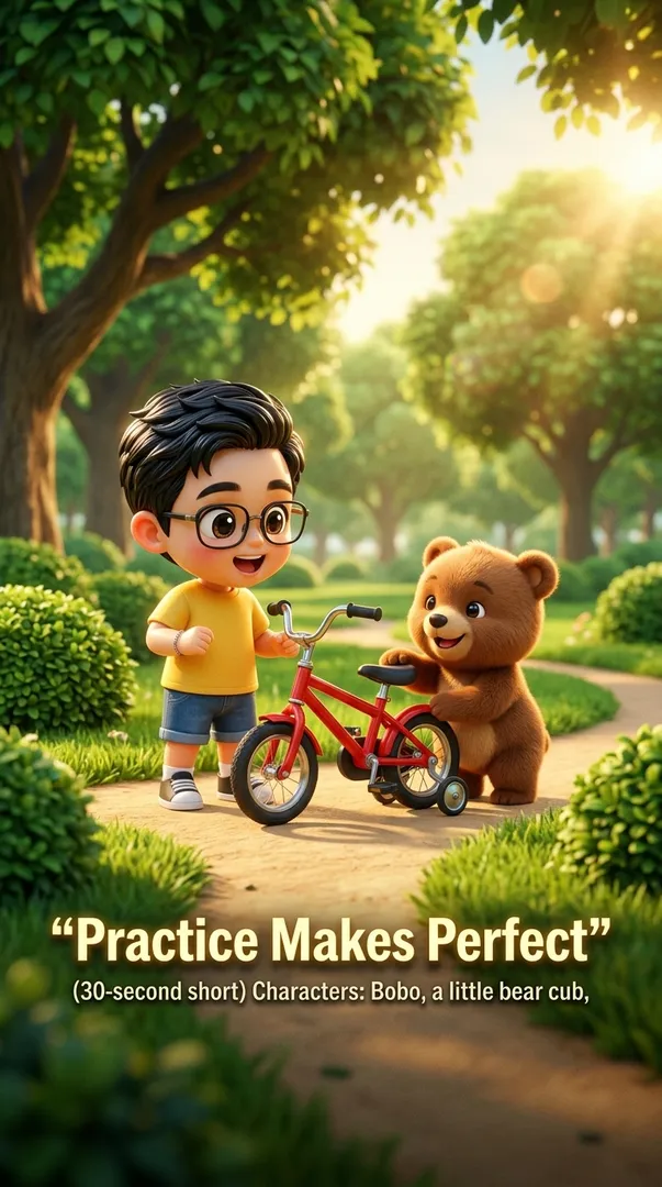 “Practice Makes Perfect” (30-second short) Characters: Bobo, a little bear cub,