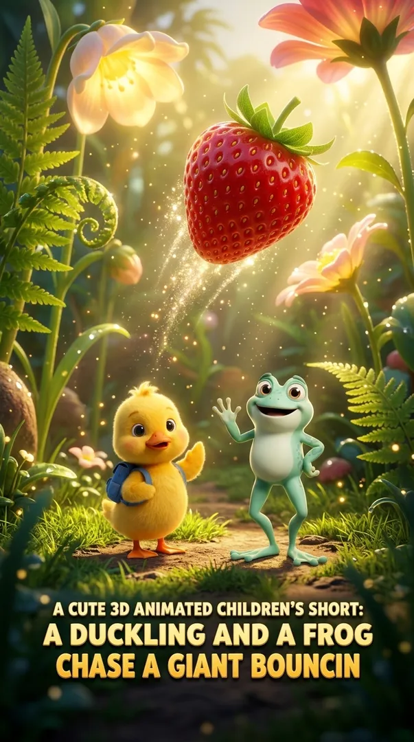 A cute 3D animated children's short: a duckling and a frog chase a giant bouncin