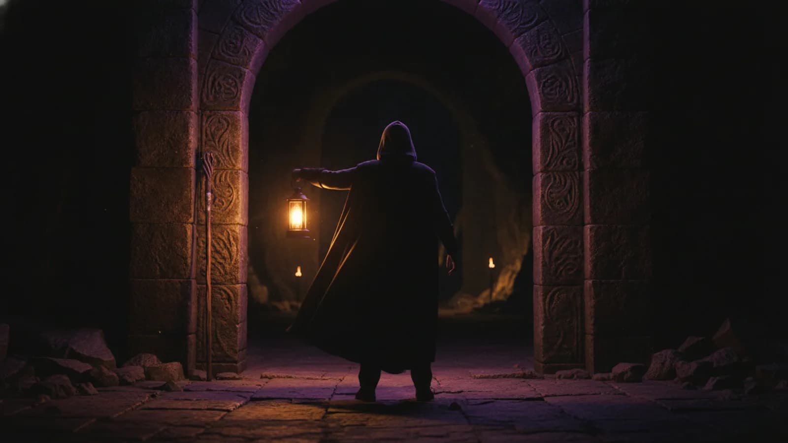 A hooded adventurer holding a lantern at the entrance of a dark dungeon