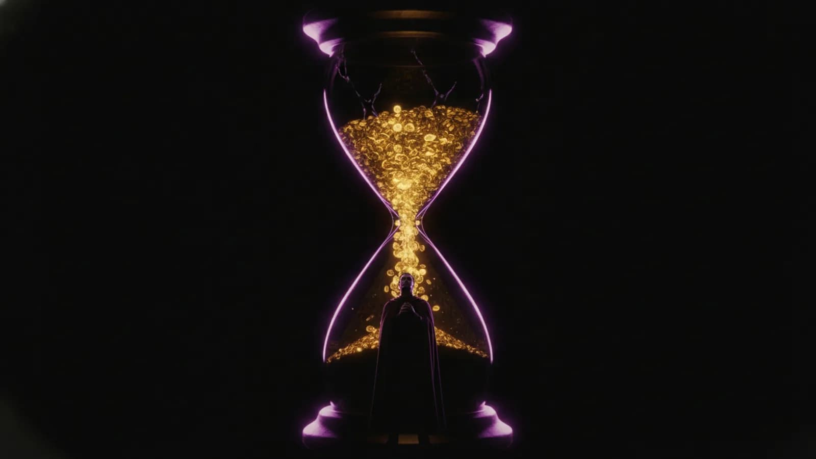 An hourglass draining glowing coins, a symbol of AI video credits running out