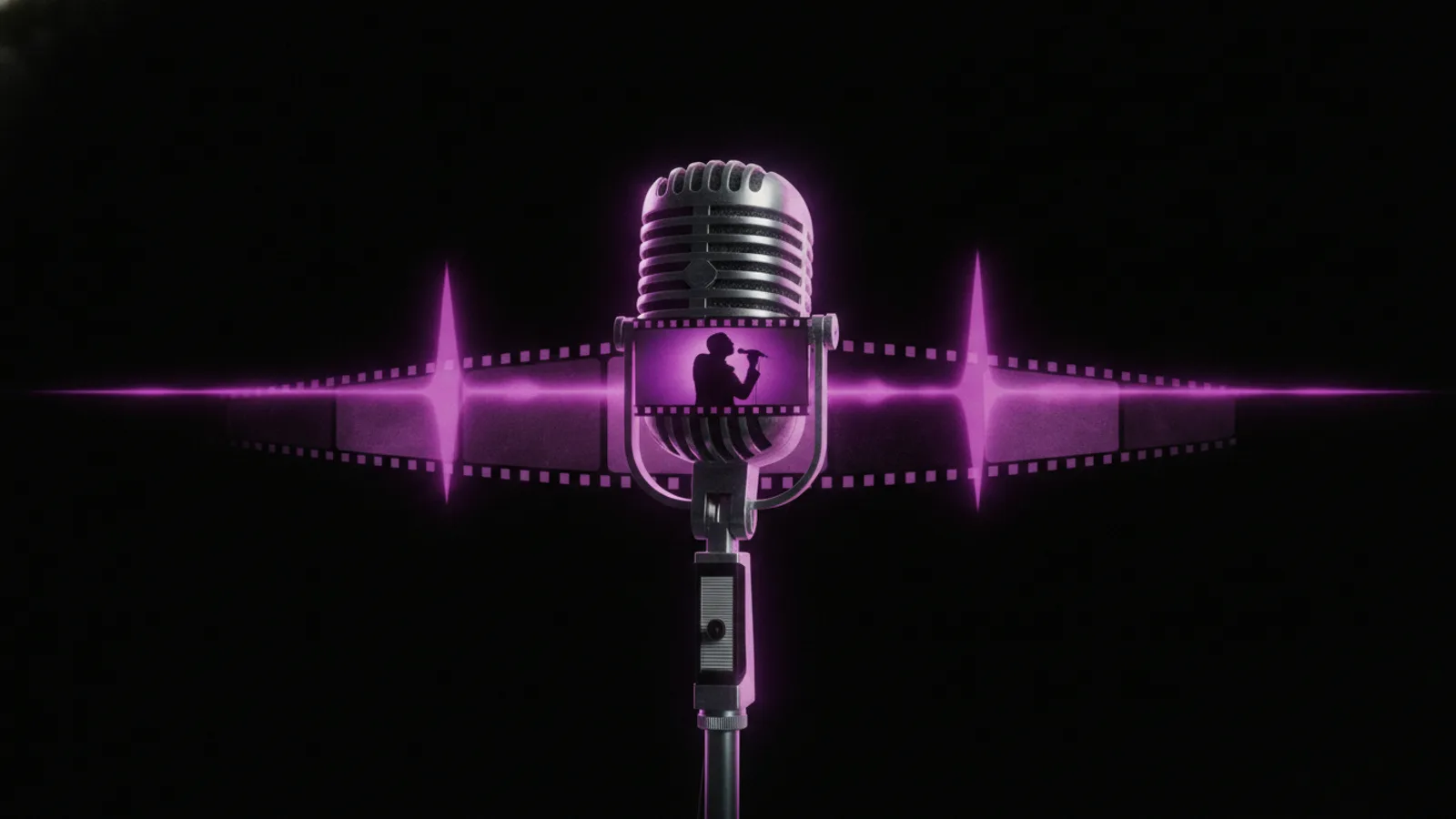 A studio microphone beside a glowing sound wave flowing into film frames