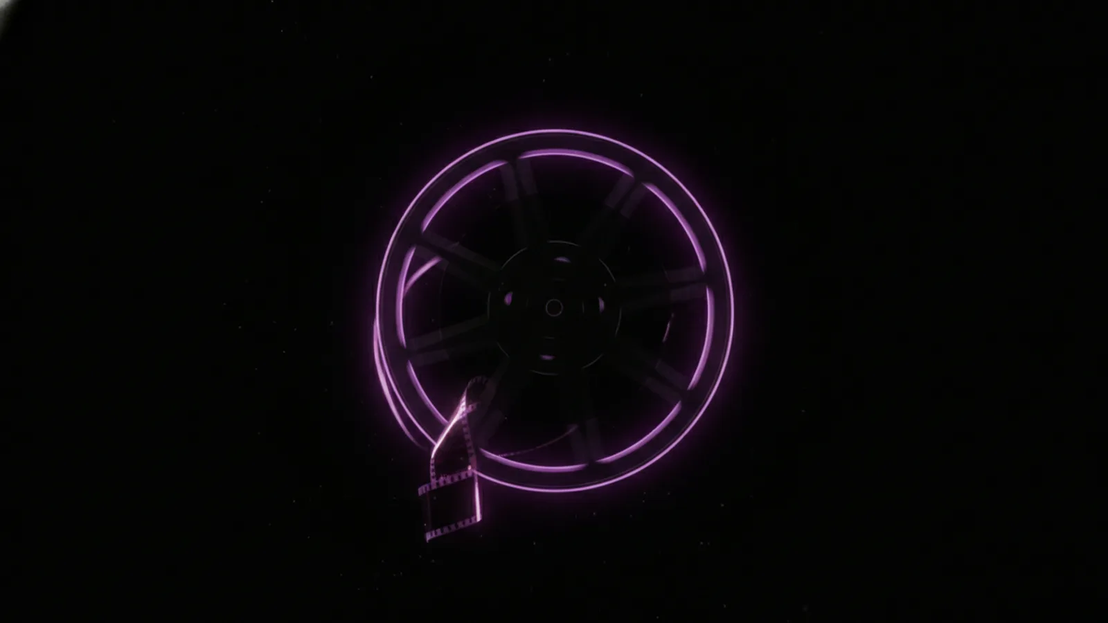 A film reel frozen mid-spin with its film strip snapped, representing a stuck AI video