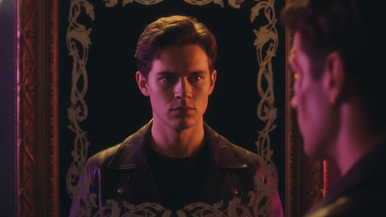 A person looking into a mirror whose reflection shows a slightly different face