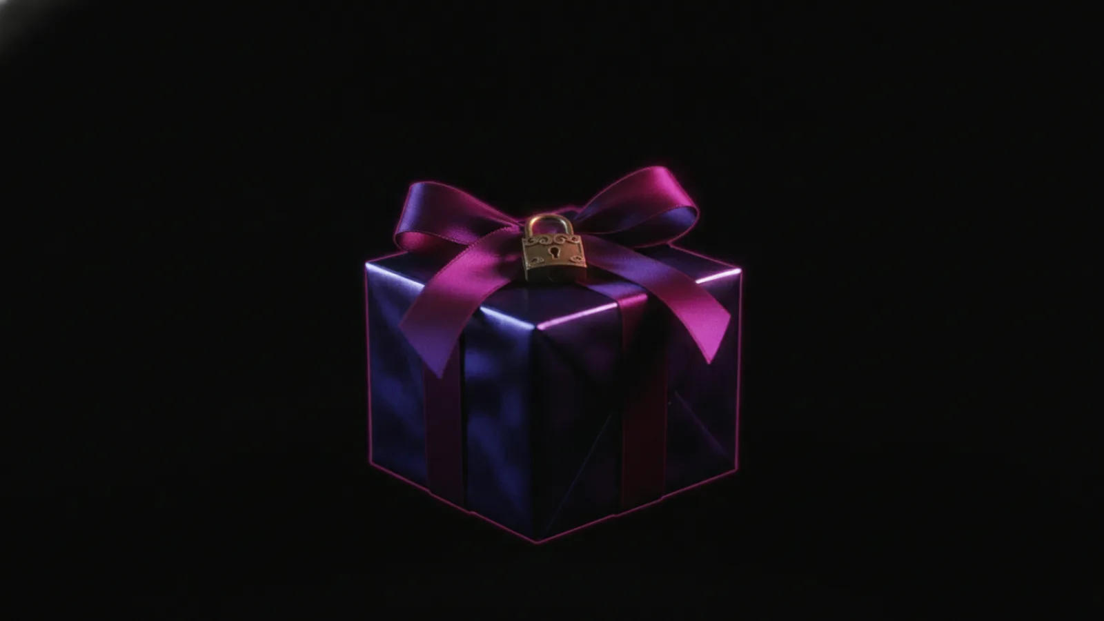A gift box whose ribbon is fastened with a small padlock, on a dark background