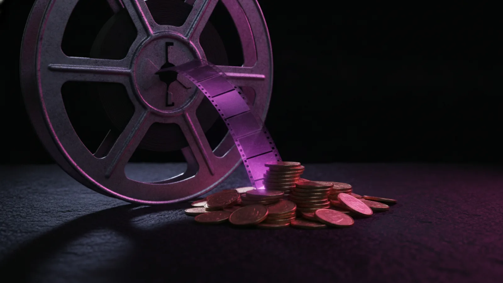 A film reel unspooling into a stack of coins, representing the cost of making an AI movie
