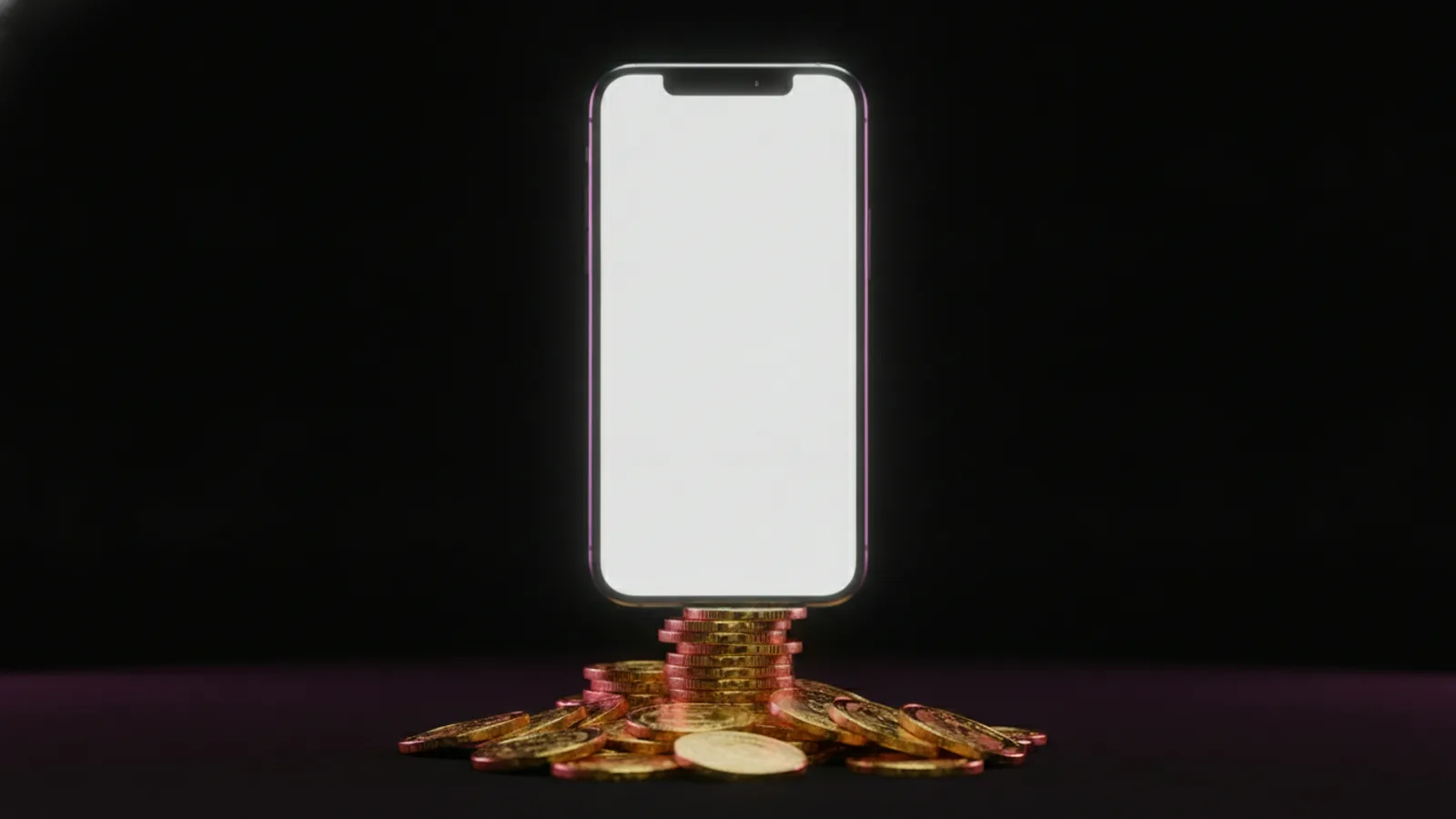A glowing smartphone balanced on a tall stack of gold coins against a dark background
