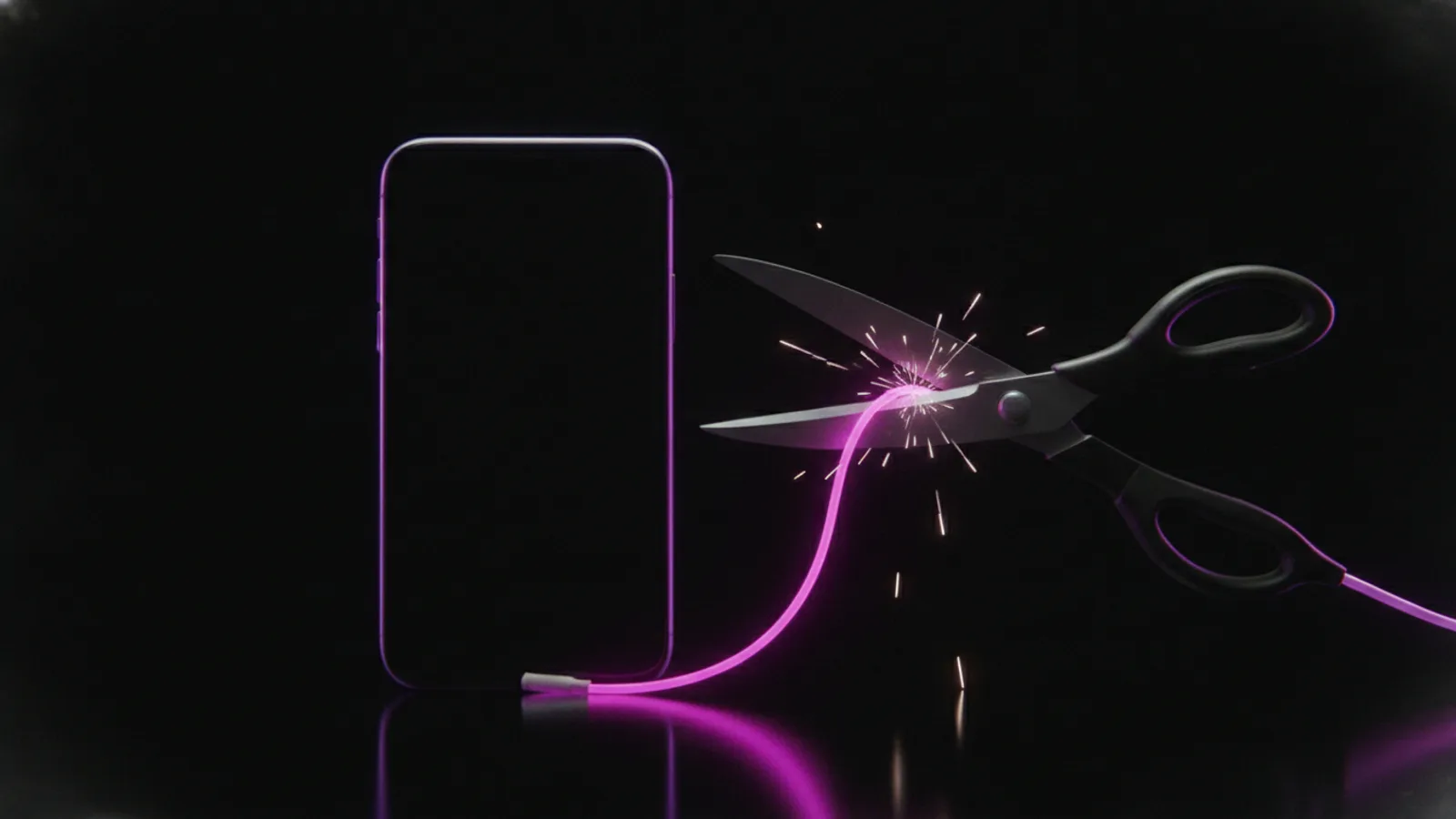 Scissors cutting a glowing cord attached to a smartphone