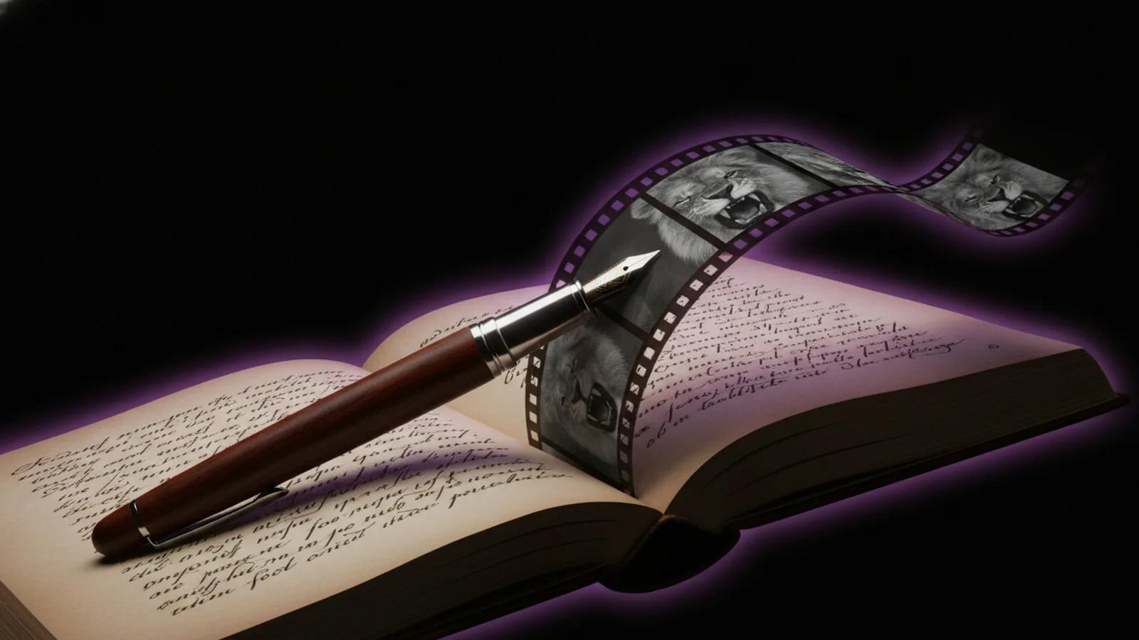A fountain pen on a manuscript whose pages turn into a strip of film frames