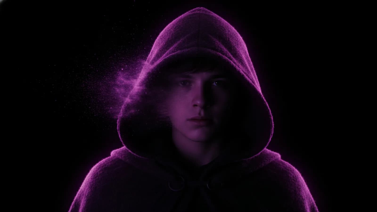 A ranger's face fading into drifting particles against a dark background