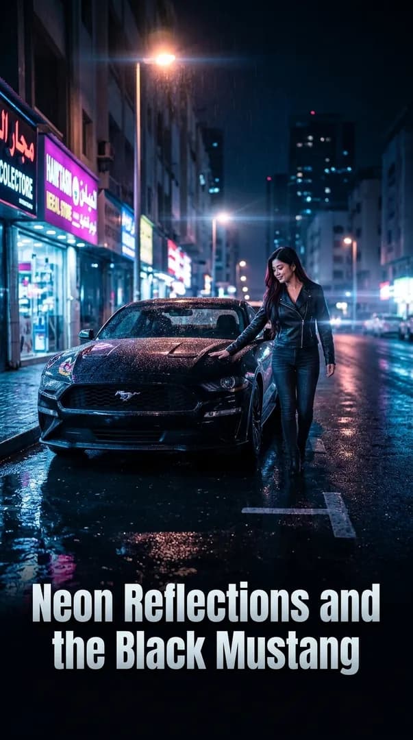 Neon Reflections and the Black Mustang