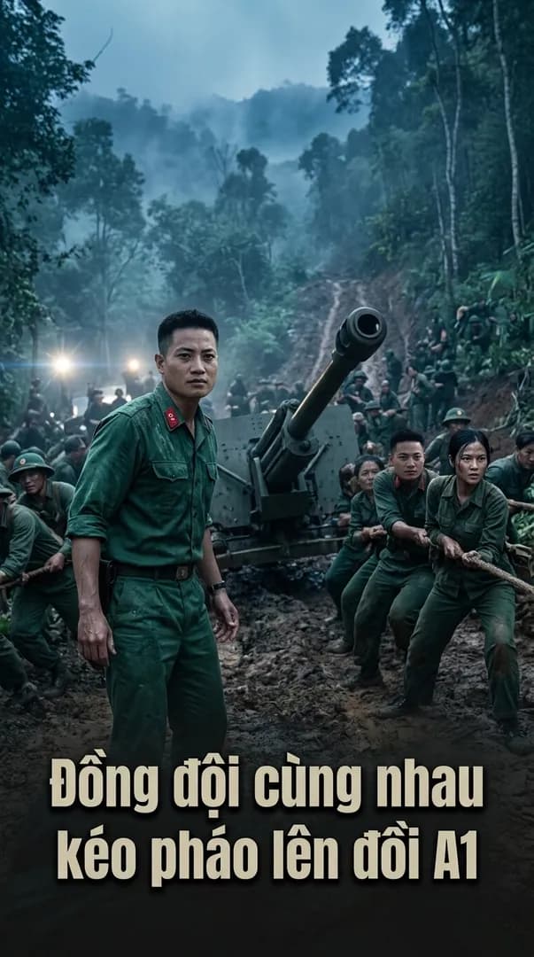 Đồng đội cùng nhau kéo pháo lên đồi A1