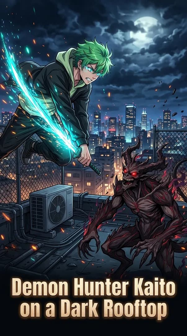 Demon Hunter Kaito on a Dark Rooftop