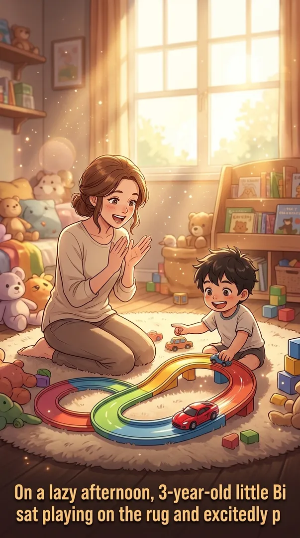 On a lazy afternoon, 3-year-old little Bi sat playing on the rug and excitedly p