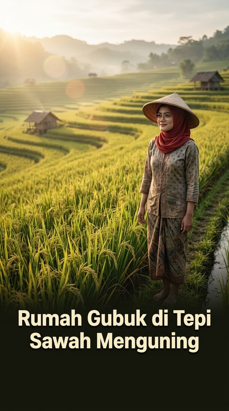 Rumah Gubuk di Tepi Sawah Menguning