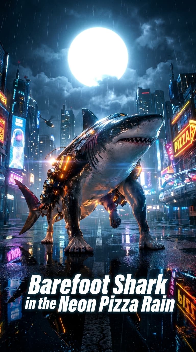 Barefoot Shark in the Neon Pizza Rain