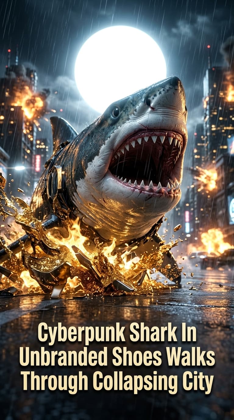 Cyberpunk Shark In Unbranded Shoes Walks Through Collapsing City