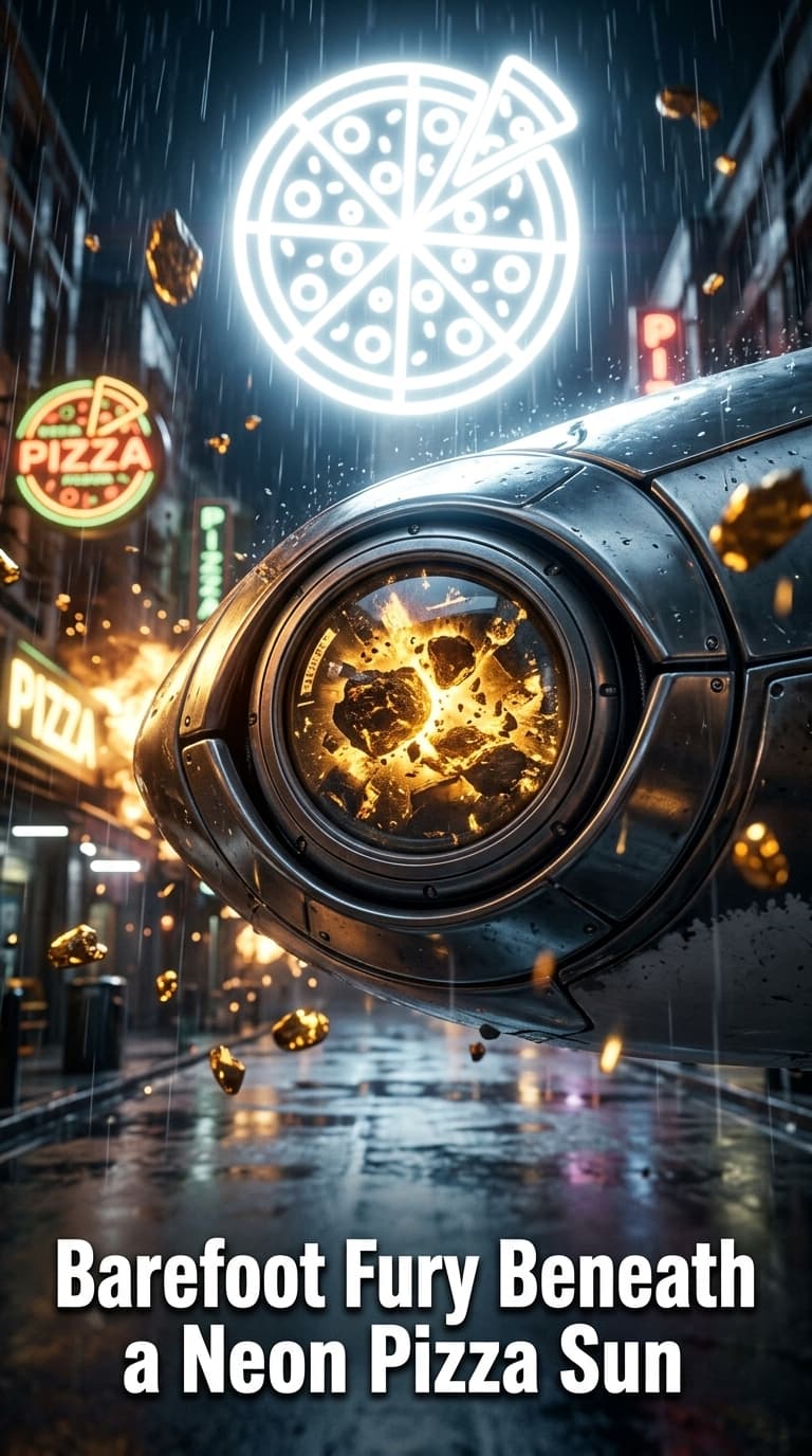 Barefoot Fury Beneath a Neon Pizza Sun